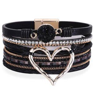 Heart Leather Wrap Bracelets Stackable Boho‎ Cuff Bangles Trendy Resin Grey